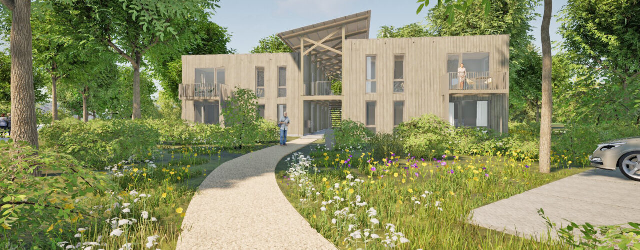 Visualisatie voorgevel van Modulaire houtskeletbouw Bosco in Alverna